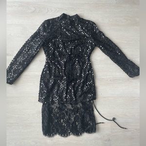 Black Sequin Lace Long Sleeve Dress